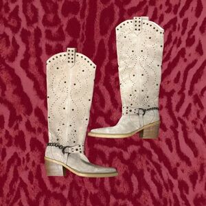 Suede Knee-High Heeled Cowgirl Boots with Studs